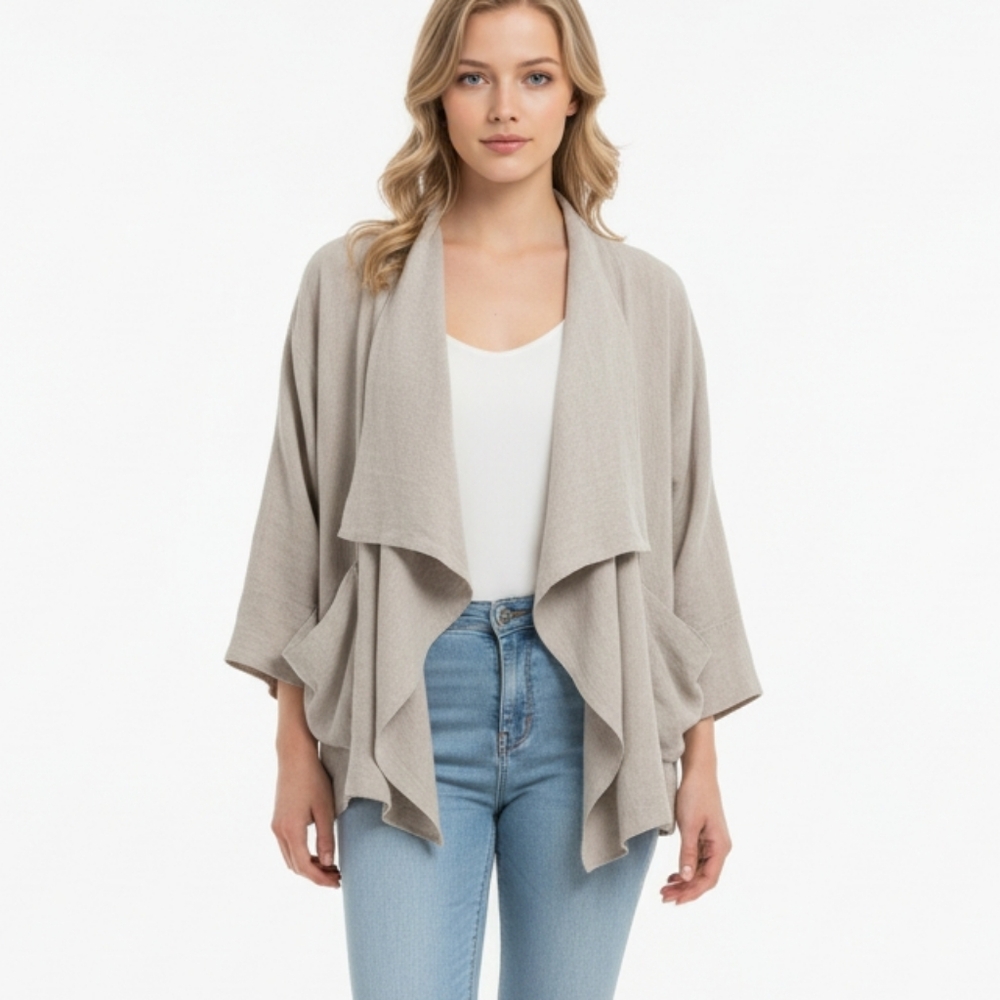 Karen Kane Lagenlook Beige Linen Blend 3/4 Sleeve Waterfall Jacket M